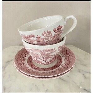 Churchill Red Willow Rosa Pink Tea Cup Saucer England Set Of Two (4pc)
